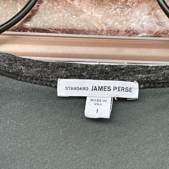 Standard James Perse Midi Dress Gray Green Striped Ruched Scoop Neck Cotton 1 - Picture 3 of 8